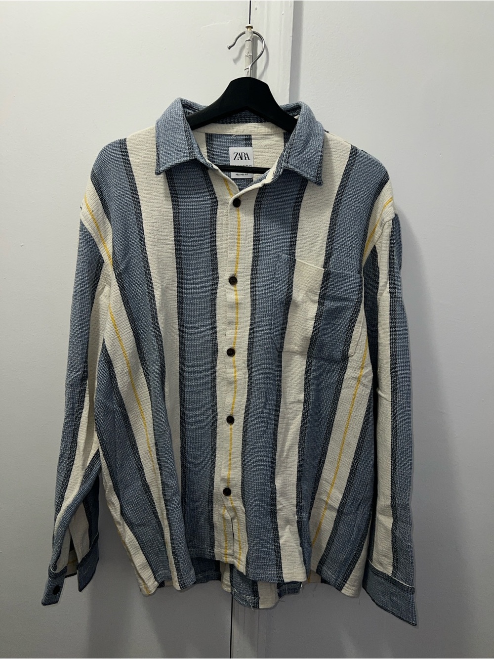 Zara Men’s Blue, Cream & Yellow Vertical Stripe Button-Down Shirt